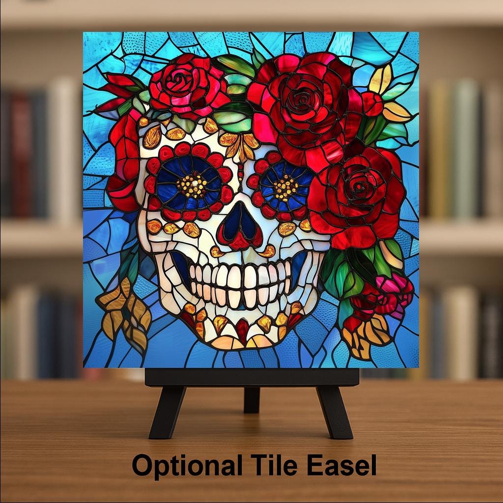 Sugar Skull Wall Art Ceramic Tile Stained Glass Style Dia de los Muertos Decor Red Rose Day of the Dead Skull Decor