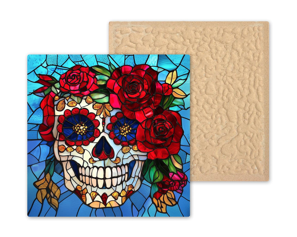 Sugar Skull Wall Art Ceramic Tile Stained Glass Style Dia de los Muertos Decor Red Rose Day of the Dead Skull Decor