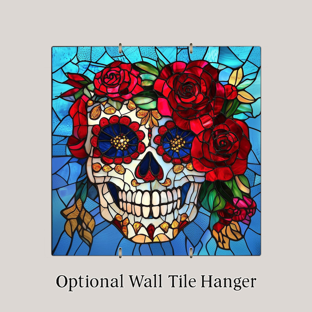 Sugar Skull Wall Art Ceramic Tile Stained Glass Style Dia de los Muertos Decor Red Rose Day of the Dead Skull Decor