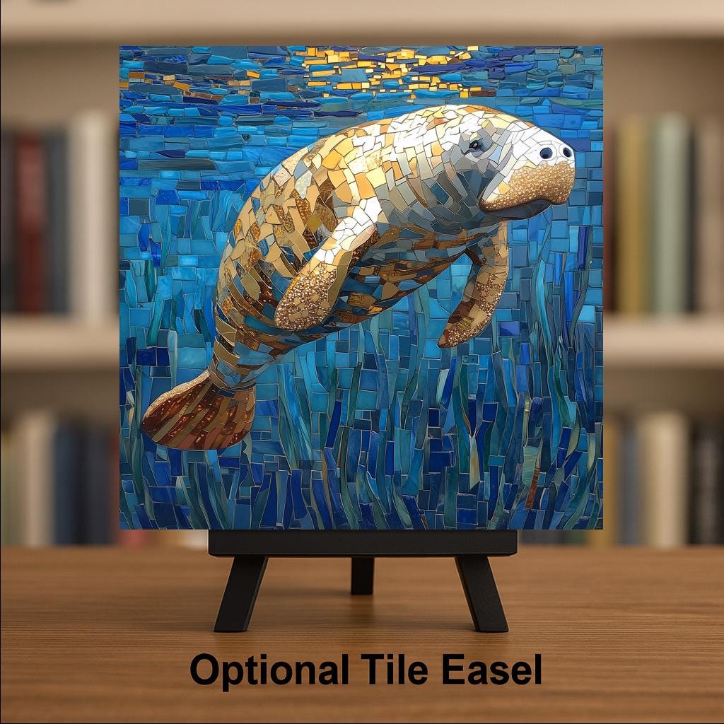 Manatee Wall Art Ceramic Tile Mosaic Style Coastal Gift Bathroom Decor Ocean Lover Gift Sea Cow Art Mosaic Tile