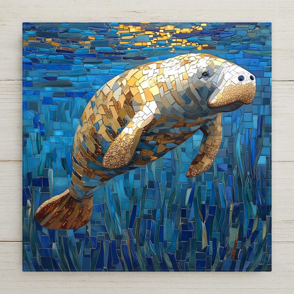Mosaic style manatee ceramic tile with cobalt teal geometric tile fragments and warm amber manatee form in Mediterranean mosaic aesthetic, a vivid coastal bathroom gift.