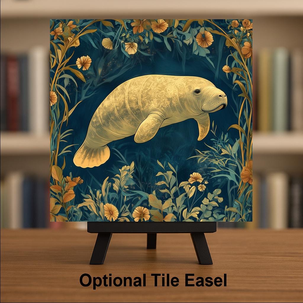 Manatee Wall Art Ceramic Tile Manatee Lover Gift Coastal Decor William Morris Style Sea Cow Art Nature Gift Tile
