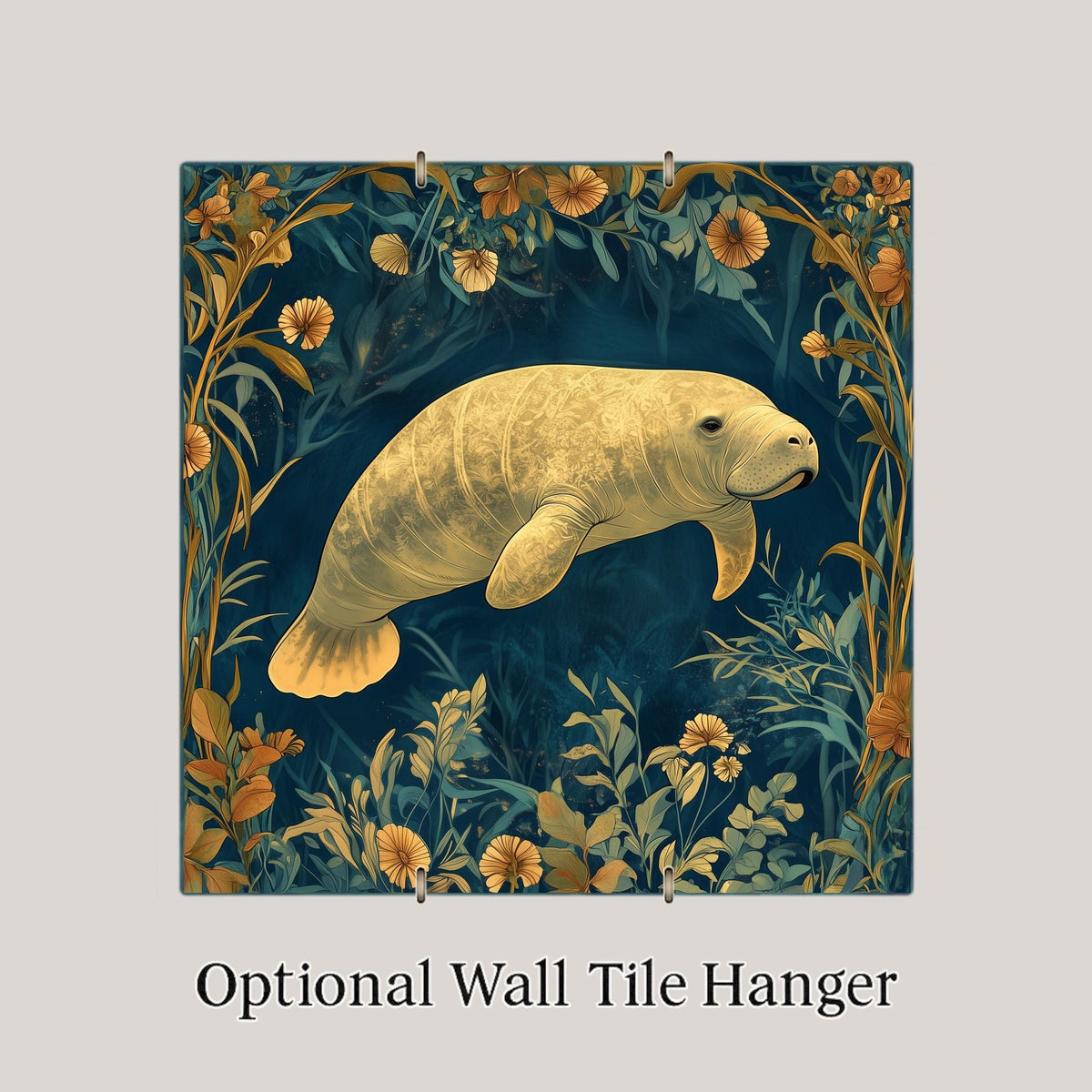 Manatee Wall Art Ceramic Tile Manatee Lover Gift Coastal Decor William Morris Style Sea Cow Art Nature Gift Tile