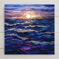 Stained glass style ocean waves ceramic tile at dawn with deep cobalt midnight blue waves catching warm rose gold sunrise light, cascading sea foam in jewel tones, a vivid coastal gift.