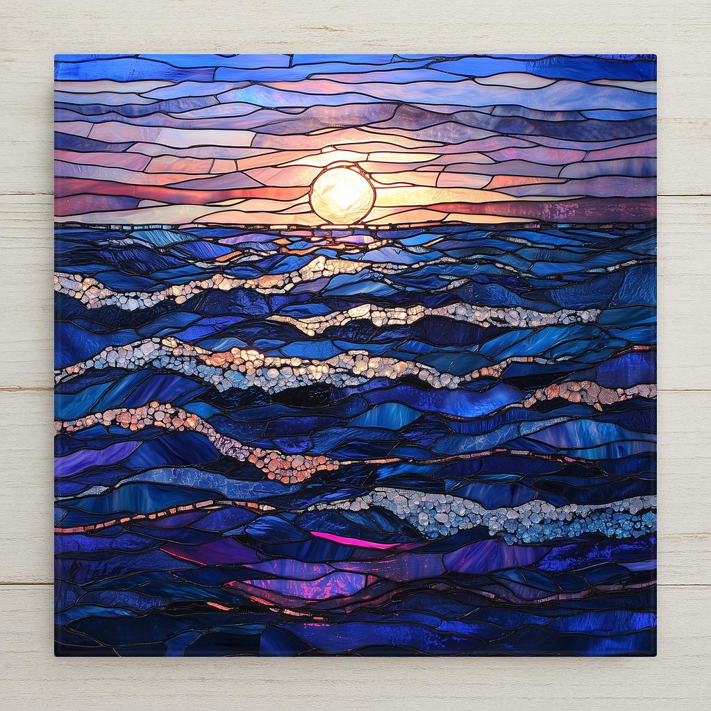 Stained glass style ocean waves ceramic tile at dawn with deep cobalt midnight blue waves catching warm rose gold sunrise light, cascading sea foam in jewel tones, a vivid coastal gift.
