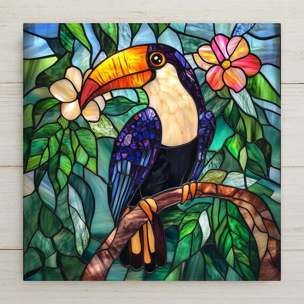 Stained glass style toucan ceramic tile with a vivid toucan perched on a tropical branch against deep cobalt teal with warm gold beak and cascading exotic flowers, a bird lover gift.