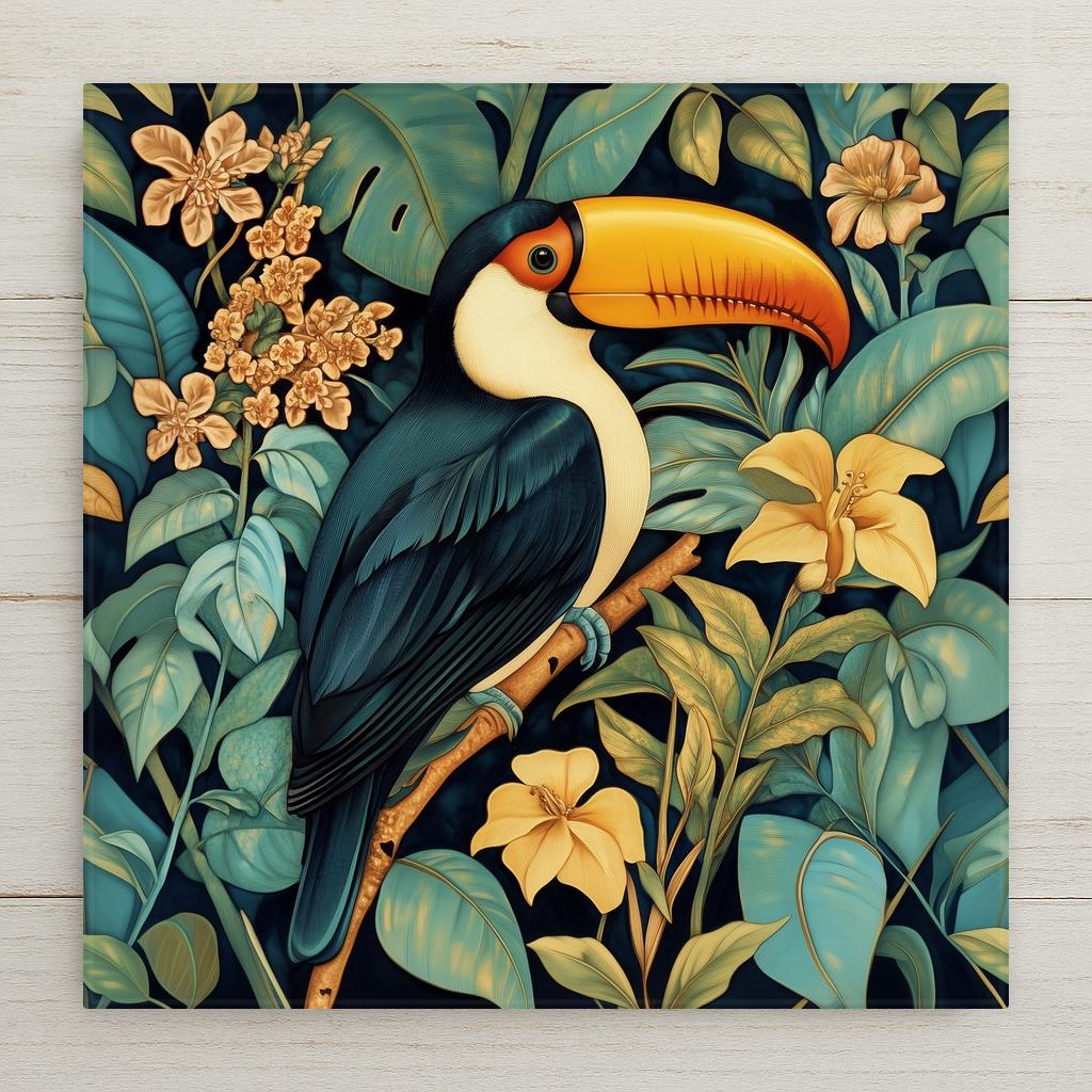 William Morris style toucan ceramic tile with a vivid toucan among cascading tropical botanical florals in deep teal and warm gold, a vivid bird lover gift for tropical decor.