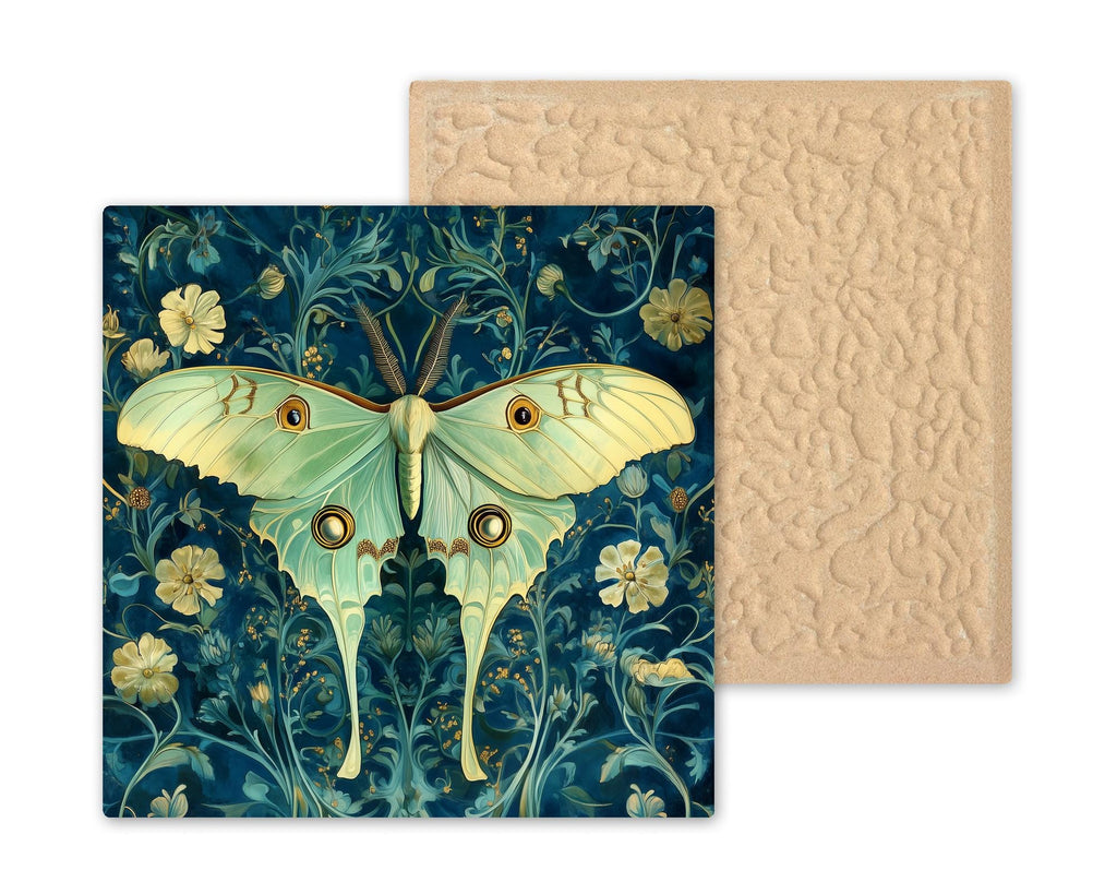 Luna Moth Wall Art Ceramic Tile William Morris Style Moth Lover Gift Botanical Decor Cottagecore Art Nature Gift Tile