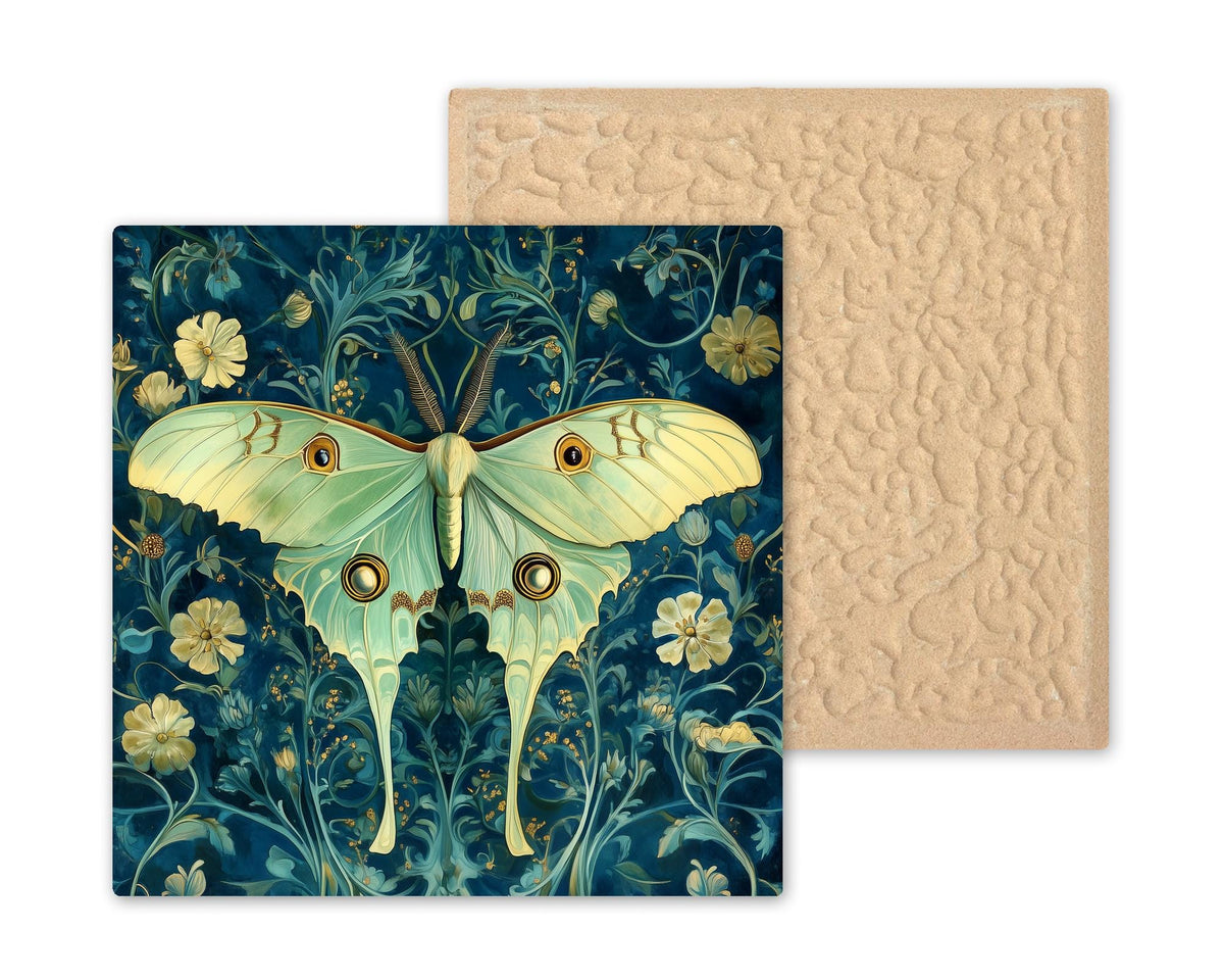 Luna Moth Wall Art Ceramic Tile William Morris Style Moth Lover Gift Botanical Decor Cottagecore Art Nature Gift Tile