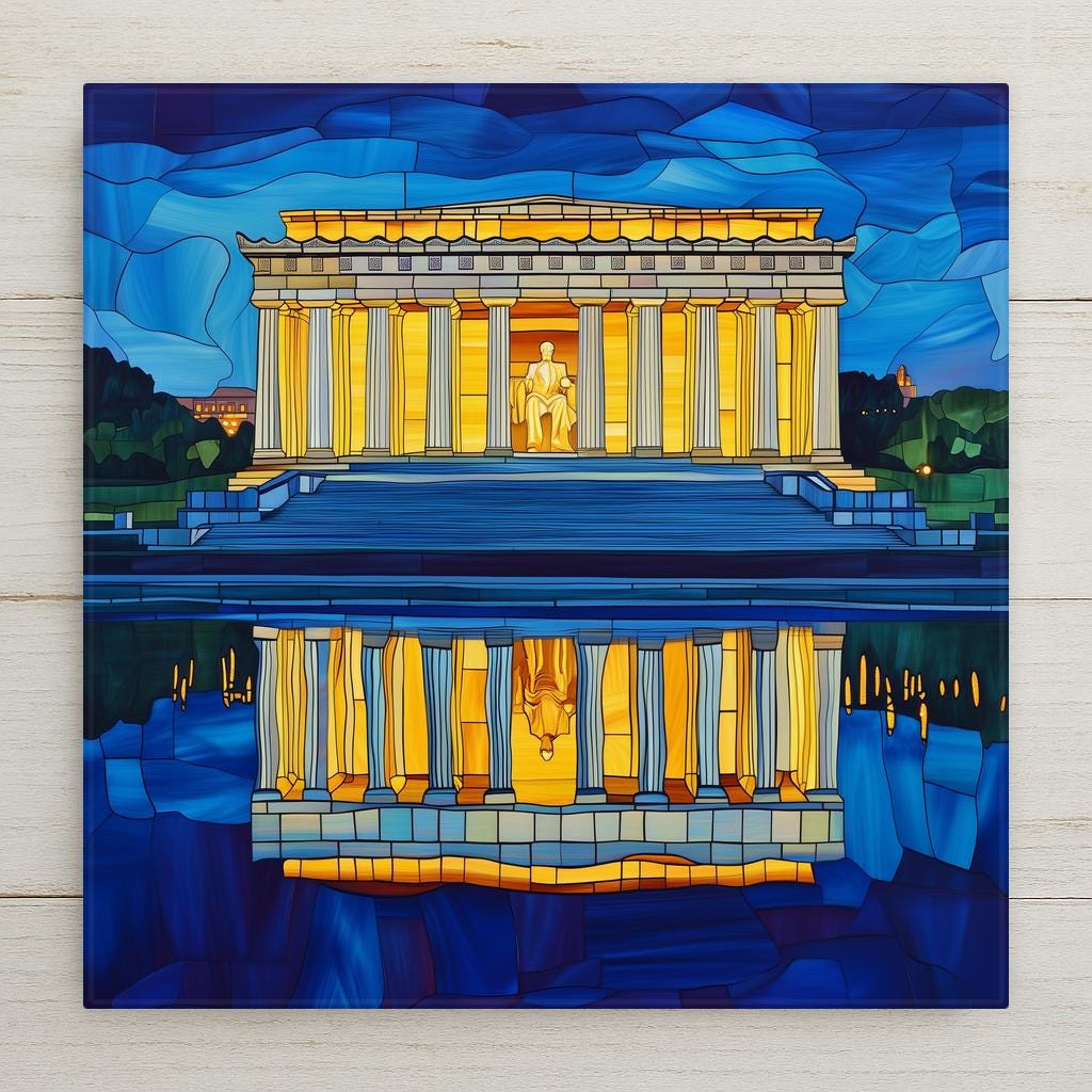 Stained glass style Lincoln Memorial ceramic tile glowing gold at dusk with the seated Lincoln statue illuminated between white columns, mirrored in the deep cobalt blue Reflecting Pool below.