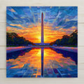 Stained glass style Washington Monument ceramic tile at golden sunset, obelisk silhouetted against blazing orange and gold sky with sunbeams radiating outward, reflected in the deep blue Reflecting Pool below.