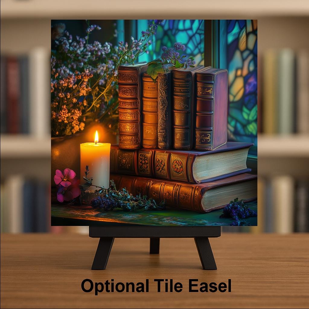 Antique Books Wall Art Ceramic Tile Reading Nook Decor Book Lover Gift Cozy Home Library Art Tile