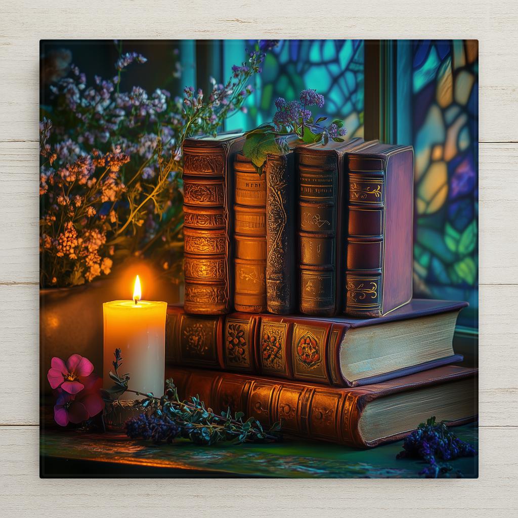 Stained glass style antique books ceramic tile with warm amber candlelight glowing on leather bound spines surrounded by cobalt teal botanical detail, a vivid reading nook book lover gift.