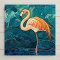 Stained glass style flamingo ceramic tile with a warm rose gold and amber flamingo wading in swirling cobalt teal water, a vivid flamingo lover coastal bathroom gift.