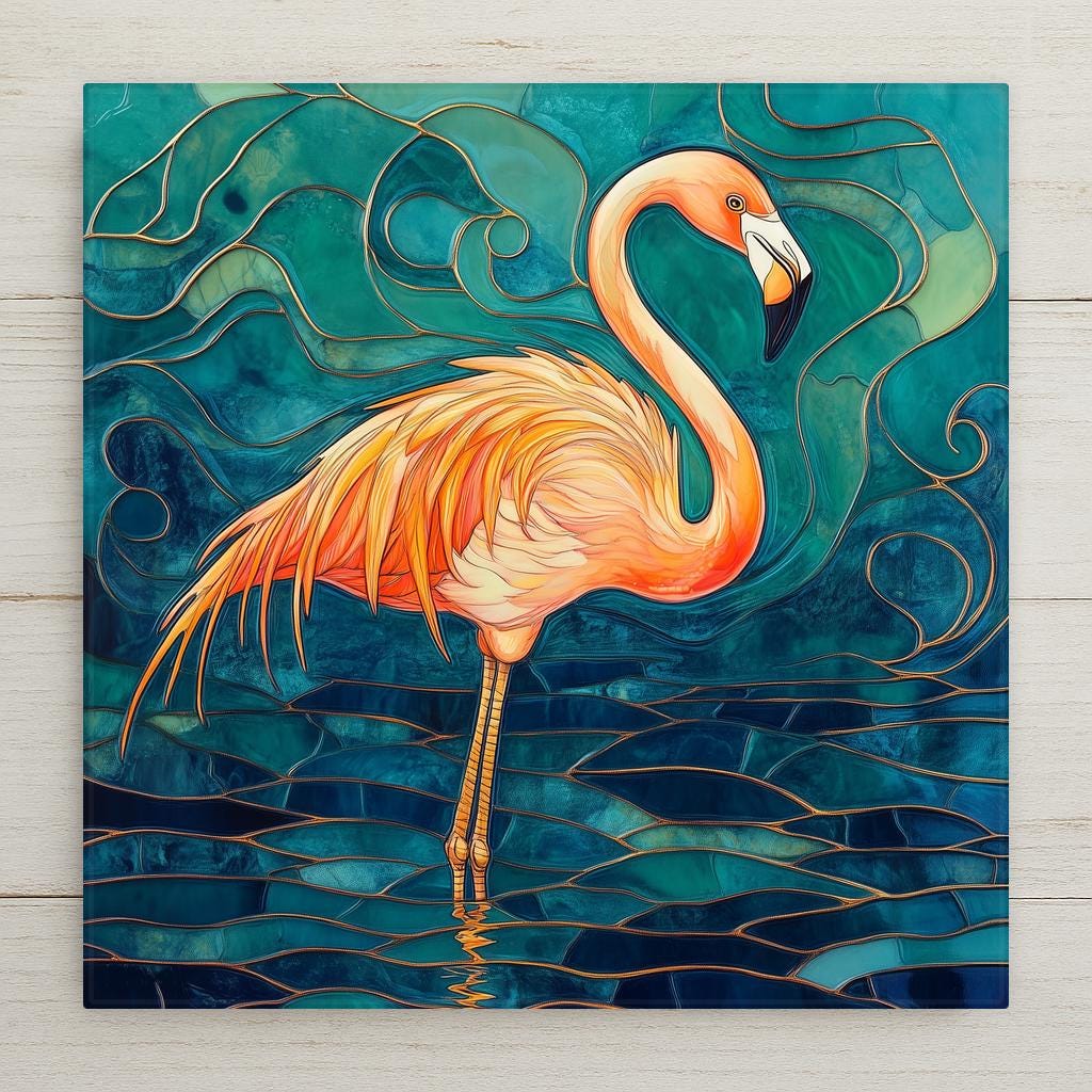 Stained glass style flamingo ceramic tile with a pink and gold flamingo standing in still cobalt teal water with gold leaded detail, a vivid coastal bathroom flamingo lover gift.