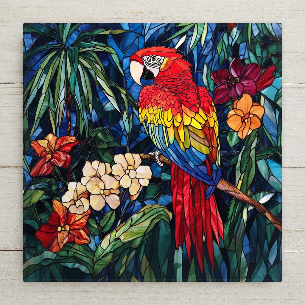 Stained glass style scarlet macaw ceramic tile with crimson and gold parrot perched among deep cobalt teal jungle and cascading tropical flowers, a vivid parrot lover tropical bird gift.