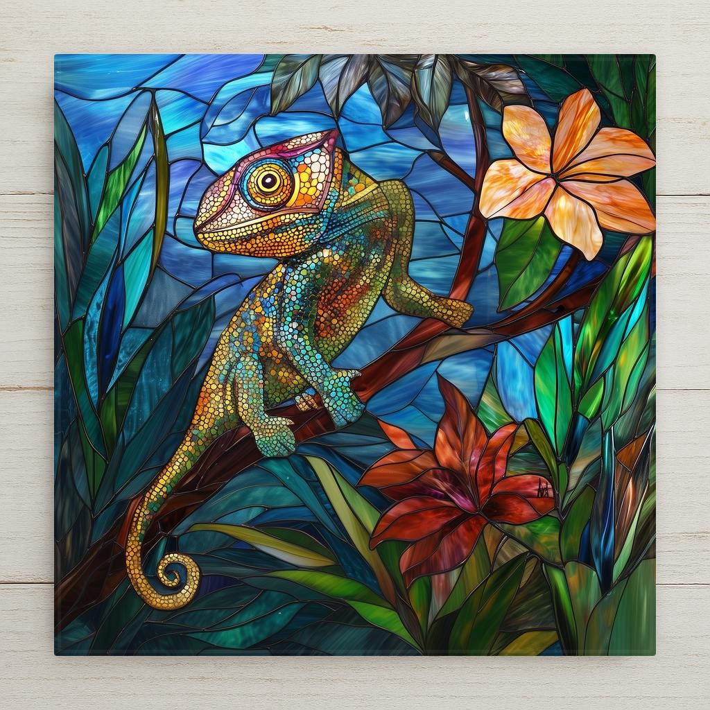 Stained glass style chameleon ceramic tile with a jewel-toned chameleon on a tropical branch among exotic flowers against deep cobalt teal, a vivid reptile lover gift.