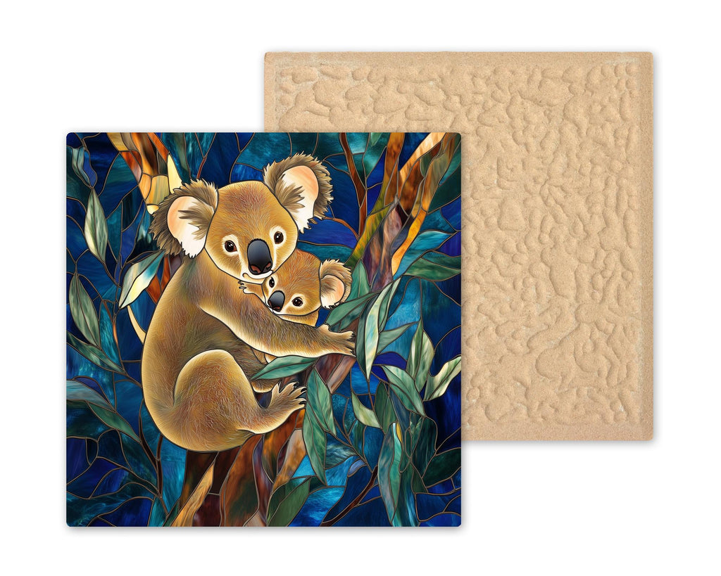 Mother and Baby Koala Stained Glass Style Ceramic Art Tile – Koala Nursery Wall Decor, Australian Eucalyptus Accent