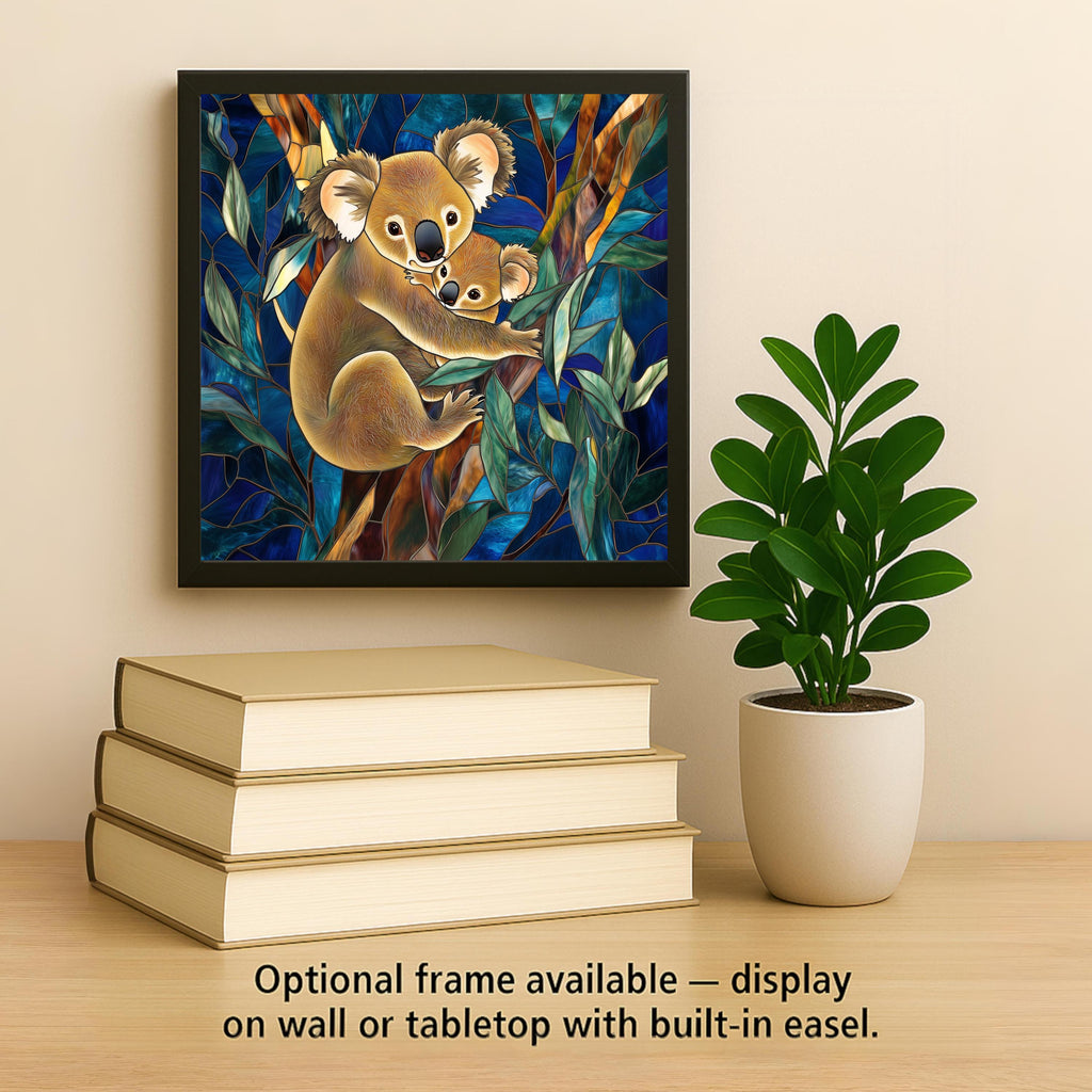 Mother and Baby Koala Stained Glass Style Ceramic Art Tile – Koala Nursery Wall Decor, Australian Eucalyptus Accent