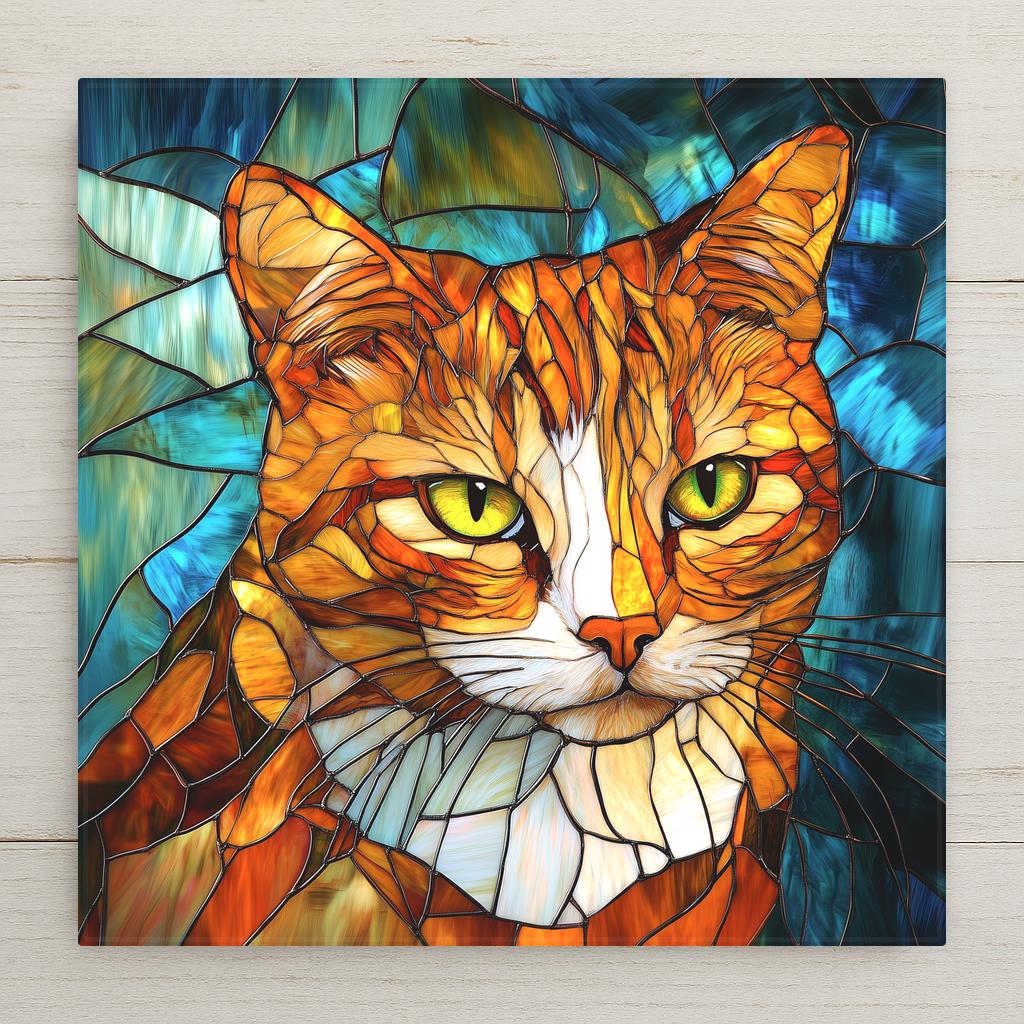 Stained glass style ginger cat ceramic tile portrait with warm amber and copper tabby fur and white chest against a deep cobalt and teal background, golden-green eyes forward, a vivid cat lover and pet memorial gift.