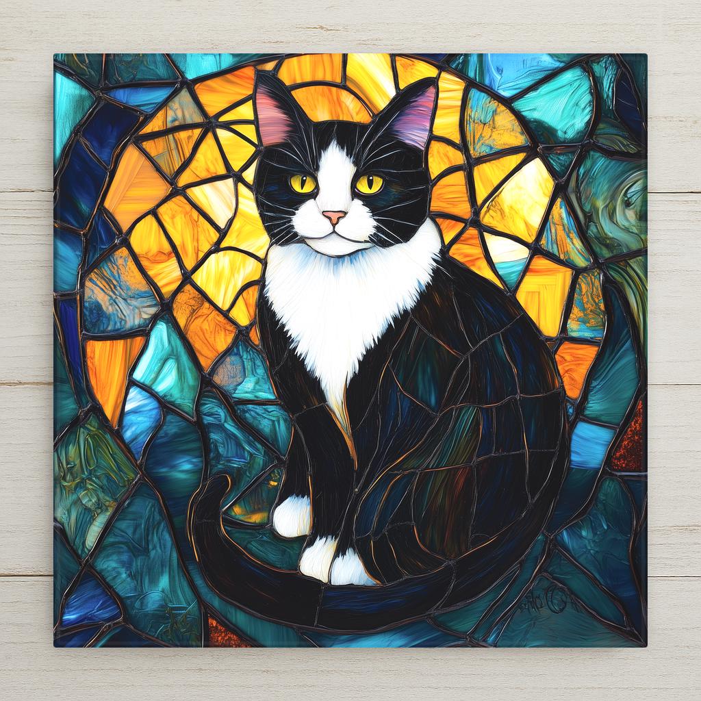 Stained glass style tuxedo cat ceramic tile portrait with bold black and white fur and warm gold light accents against a deep cobalt and teal background, bright curious eyes forward, a vivid cat lover and pet memorial gift.