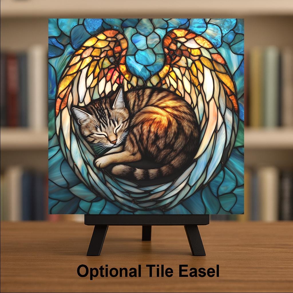 Cat Memorial Ceramic Art Tile – Pet Loss Sympathy Wall Decor, Angel Wings Cat Lover Remembrance Gift