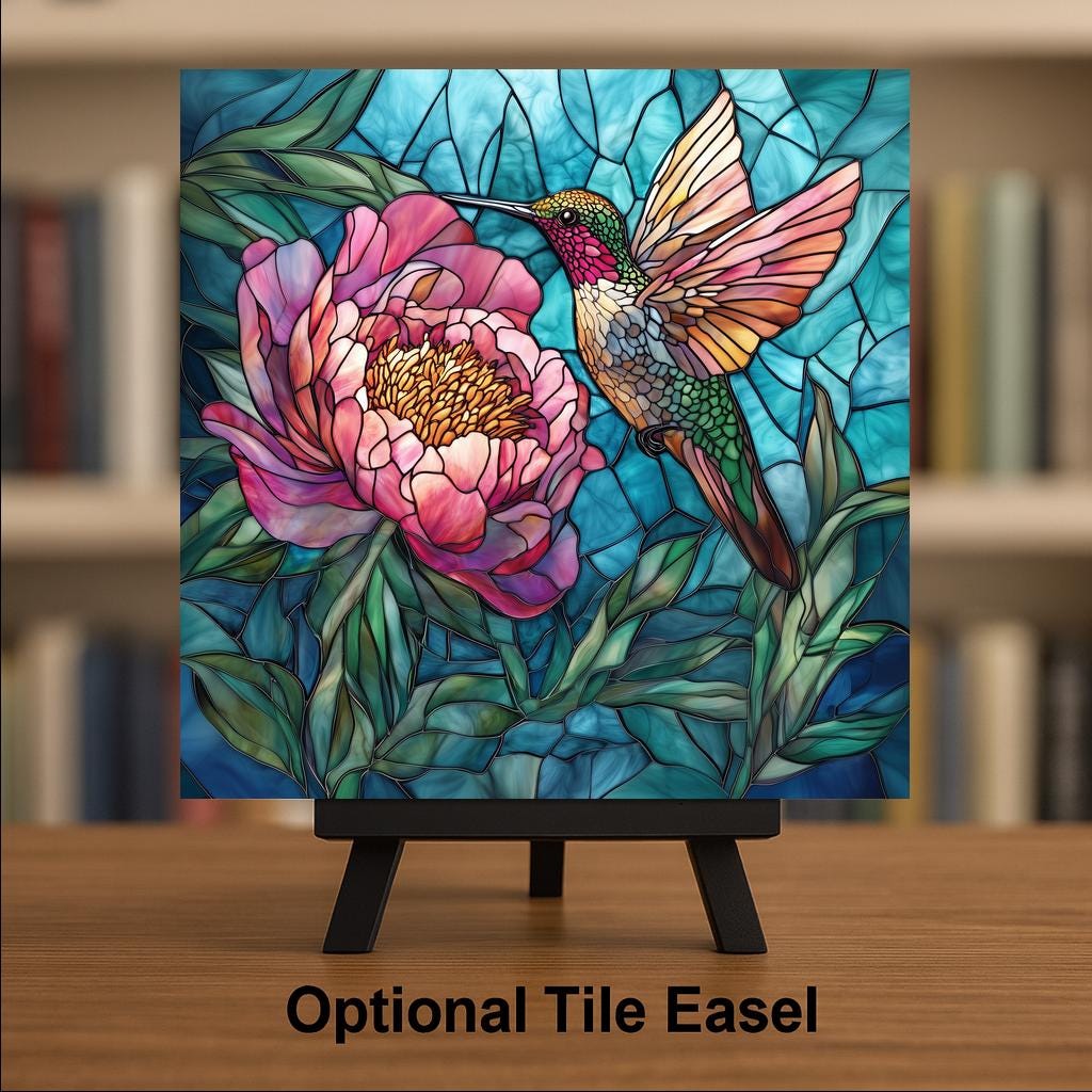 Hummingbird Peony Stained Glass Style Ceramic Art Tile – Pink Floral Wall Decor, Garden Bird Lover