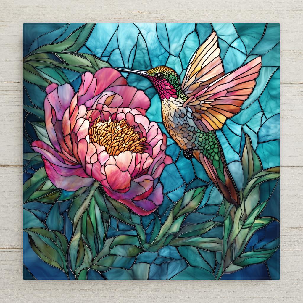 Stained glass style ceramic art tile of a hummingbird beside a large pink peony, leaded outlines and glowing glass-panel color on a teal background, floral garden bird decor.