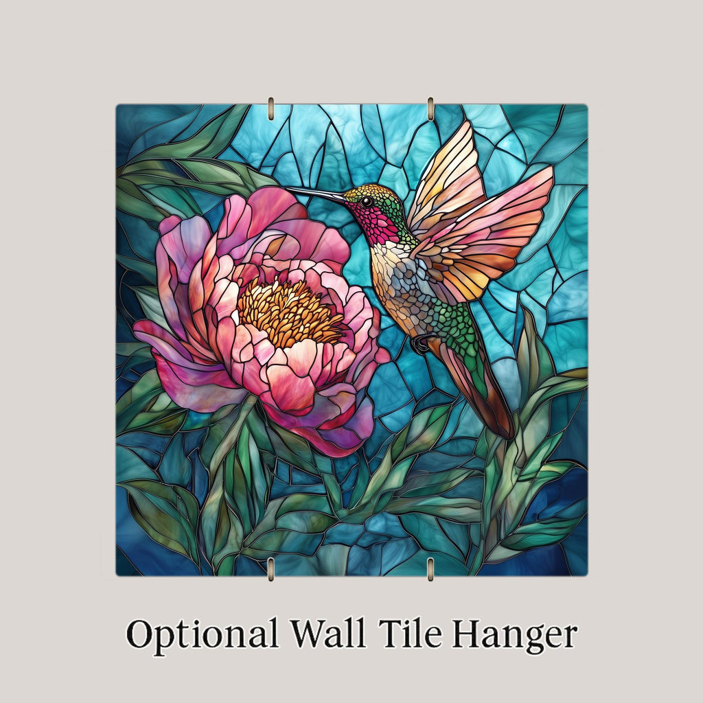 Hummingbird Peony Stained Glass Style Ceramic Art Tile – Pink Floral Wall Decor, Garden Bird Lover