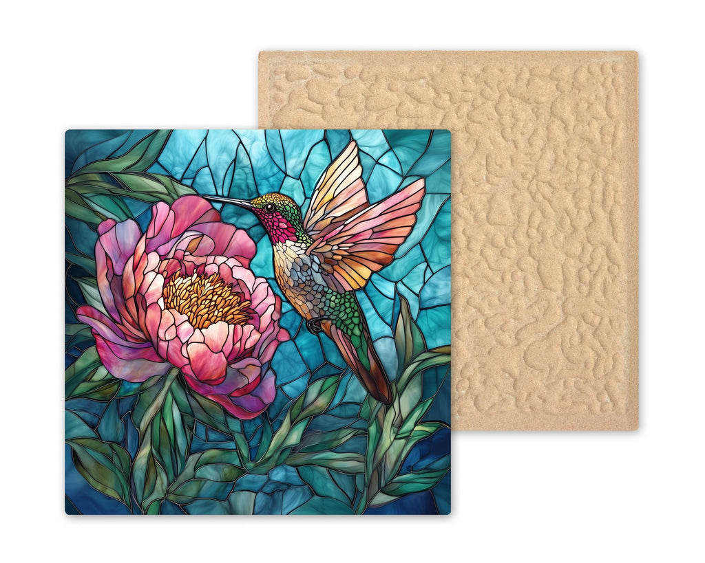 Hummingbird Peony Stained Glass Style Ceramic Art Tile – Pink Floral Wall Decor, Garden Bird Lover