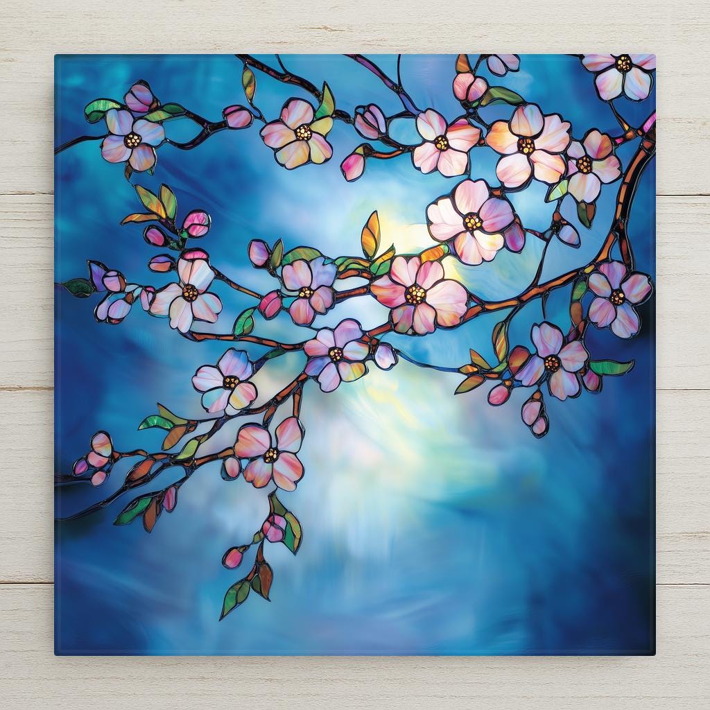Stained glass style cherry blossom ceramic tile with a luminous branch of pale pink and rose sakura blossoms against a deep cobalt and teal misty dawn sky, warm gold light through falling petals, a vivid Japanese sakura and spring floral lover gift.