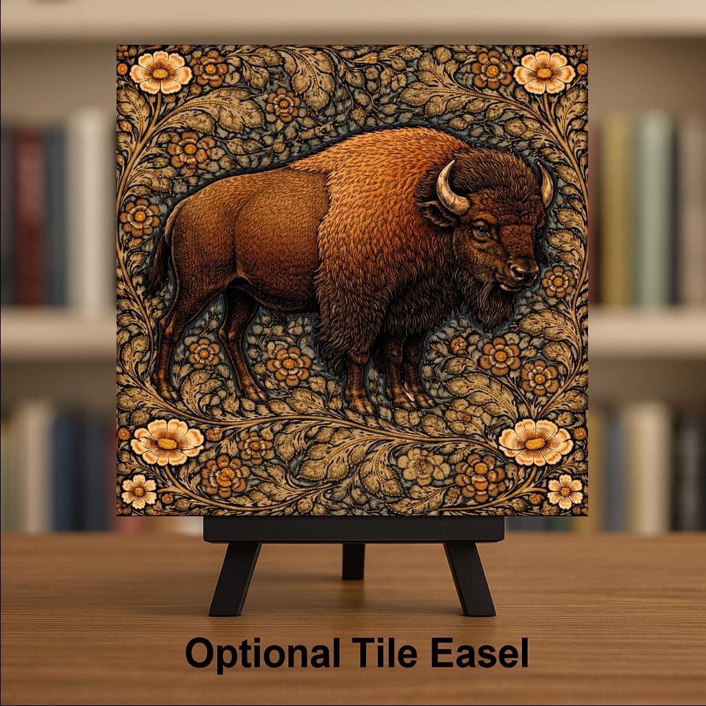 Bison Wall Art Ceramic Tile Wildlife Lover Gift Cabin Lodge Decor Buffalo Art William Morris Style Nature Tile