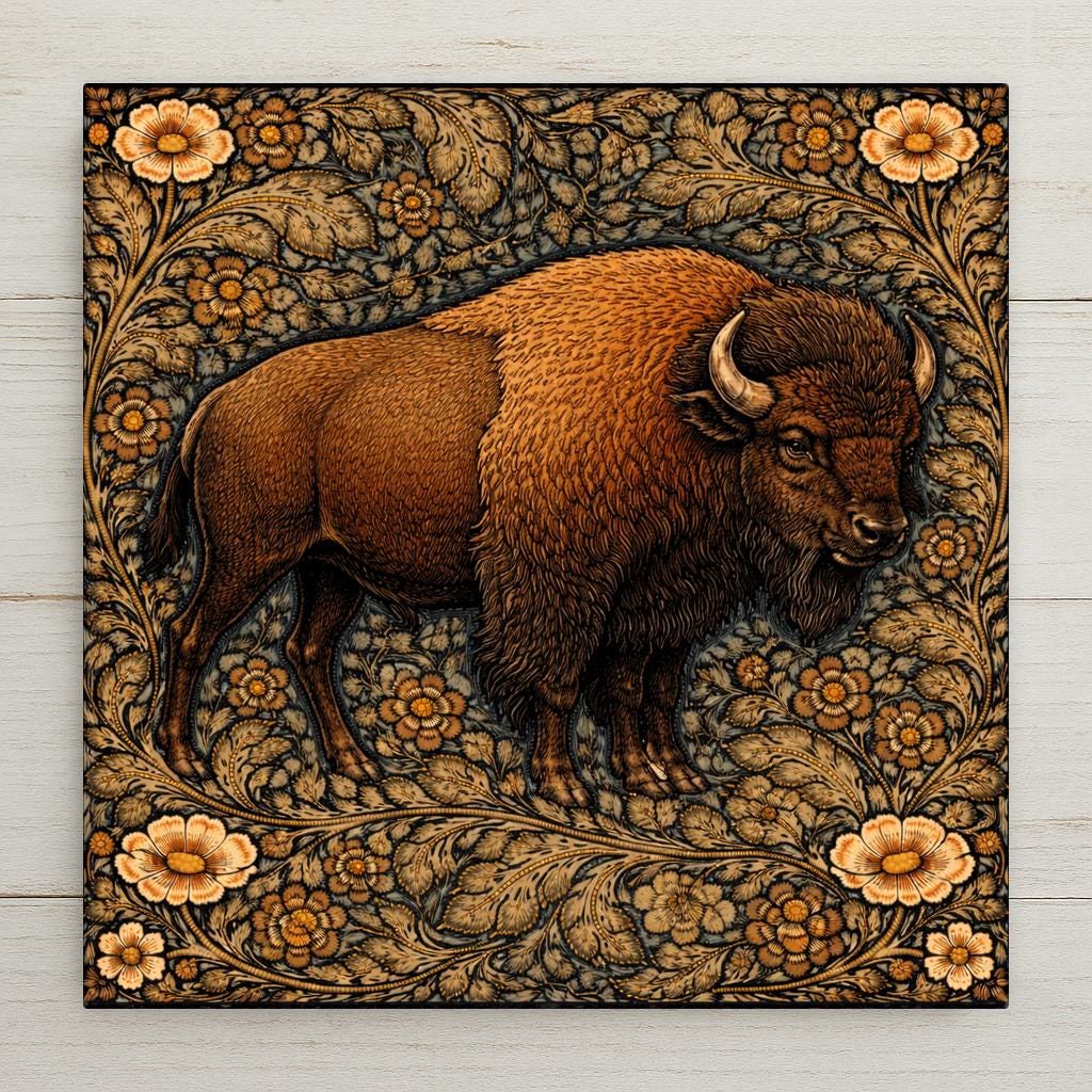 William Morris style bison ceramic tile with a powerful American buffalo standing in profile against an intricate deep teal botanical border with warm gold wildflowers, a vivid wildlife lover gift for cabin or lodge decor.