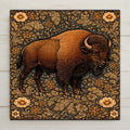 William Morris style bison ceramic tile with a powerful American buffalo standing in profile against an intricate deep teal botanical border with warm gold wildflowers, a vivid wildlife lover gift for cabin or lodge decor.