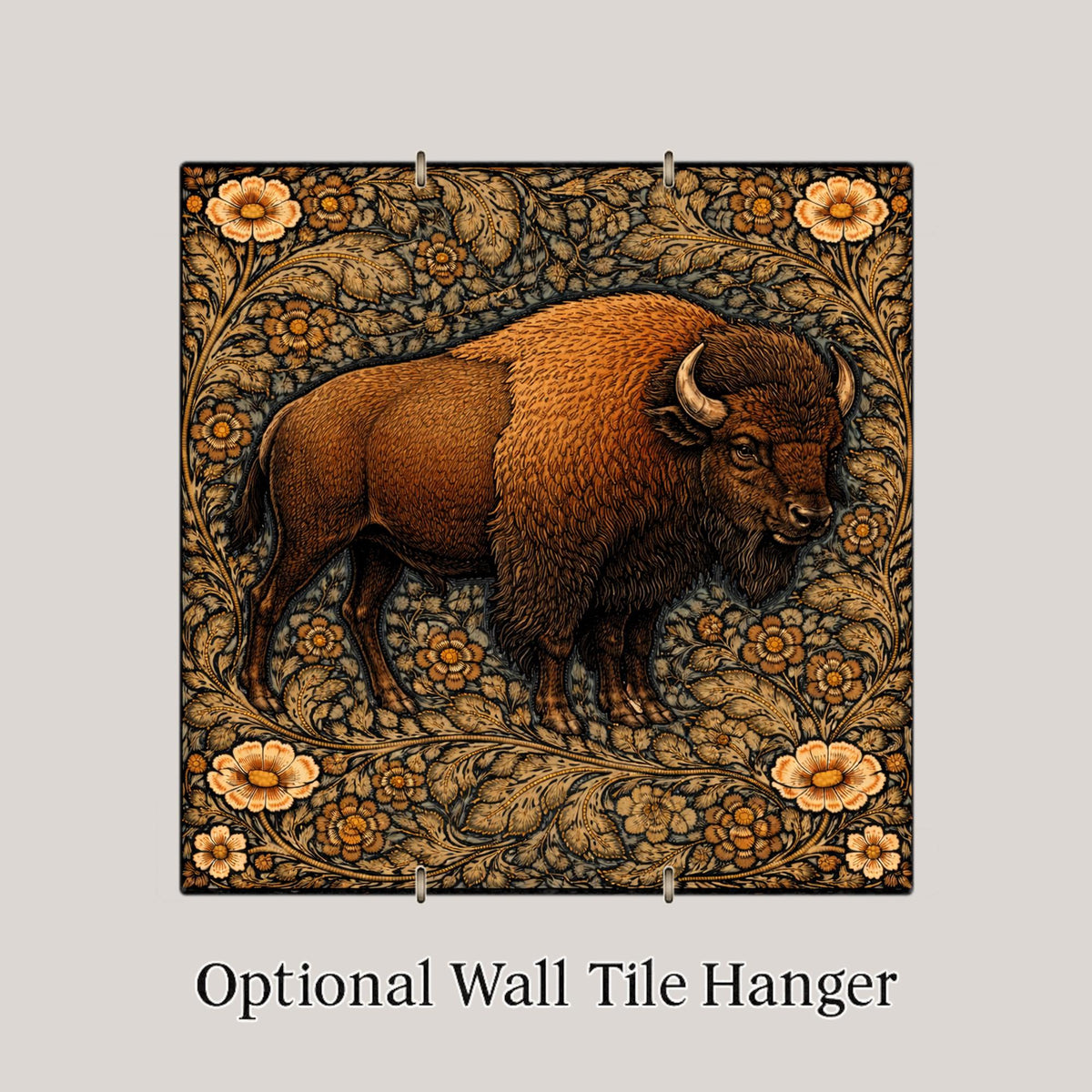 Bison Wall Art Ceramic Tile Wildlife Lover Gift Cabin Lodge Decor Buffalo Art William Morris Style Nature Tile