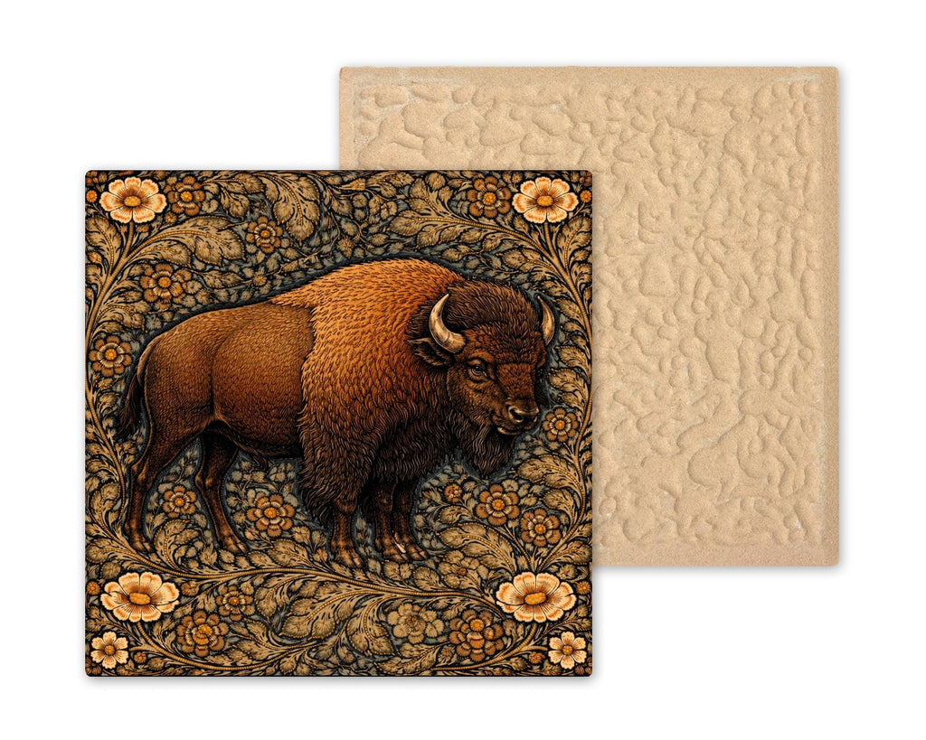 Bison Wall Art Ceramic Tile Wildlife Lover Gift Cabin Lodge Decor Buffalo Art William Morris Style Nature Tile