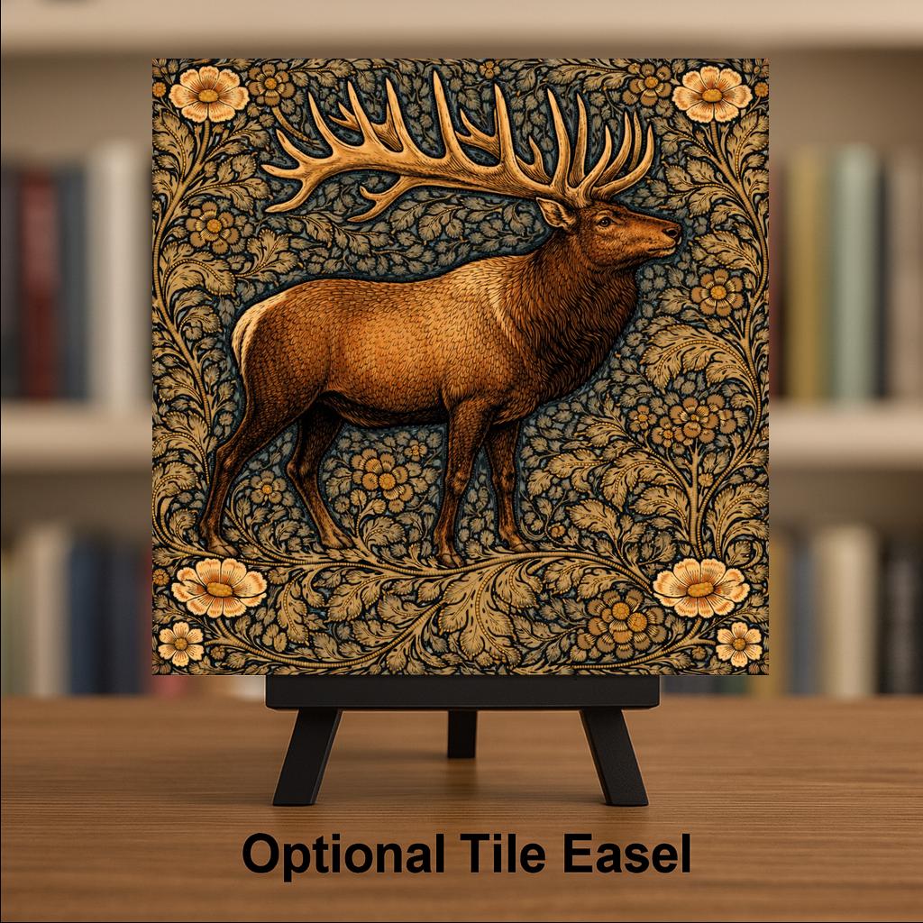 Elk Wall Art Ceramic Tile Wildlife Lover Gift Cabin Lodge Decor Bull Elk Antler Art William Morris Style Nature Tile