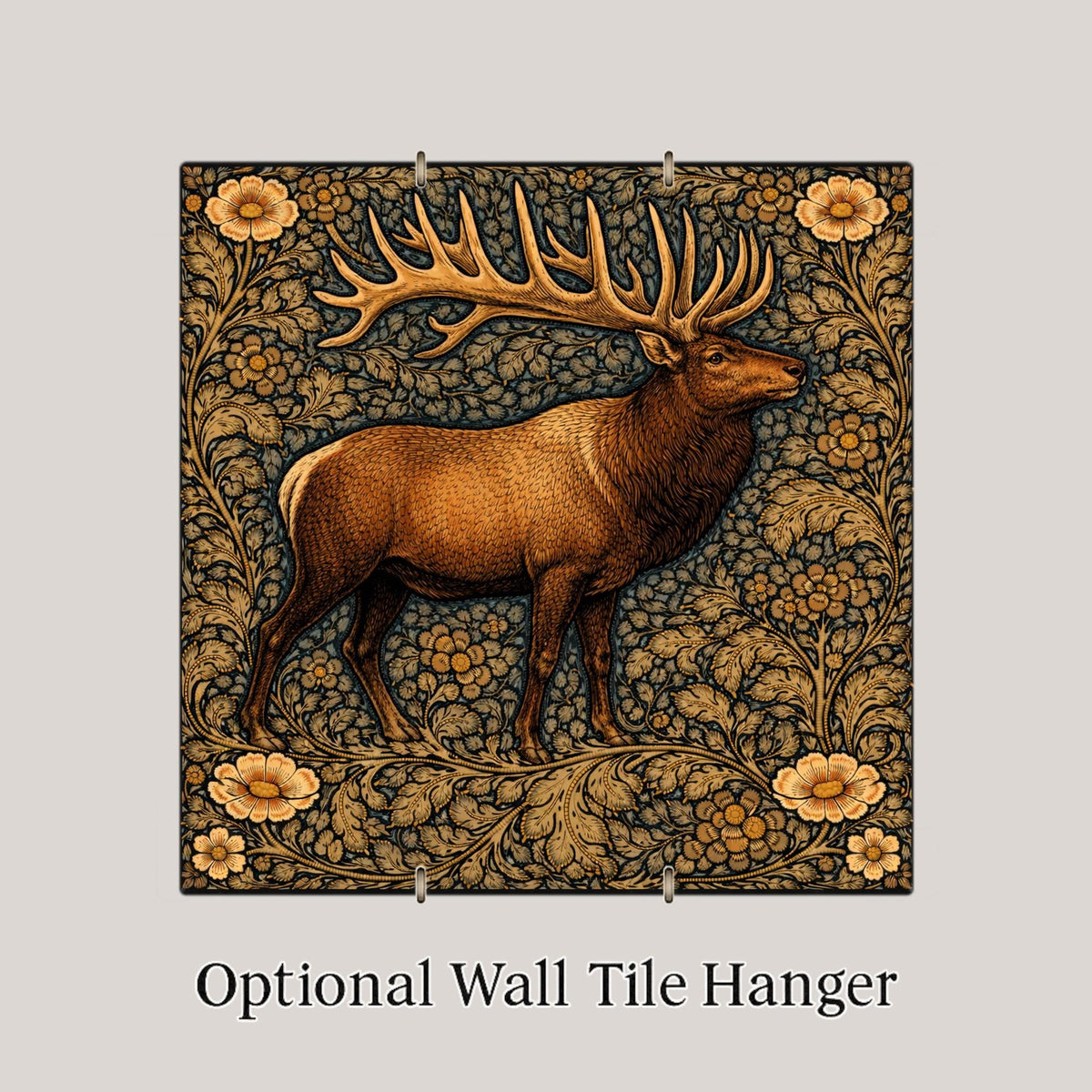 Elk Wall Art Ceramic Tile Wildlife Lover Gift Cabin Lodge Decor Bull Elk Antler Art William Morris Style Nature Tile