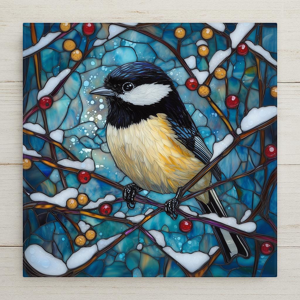 Stained glass style chickadee ceramic tile with a black-capped chickadee on a winter branch with red berries against a deep cobalt and midnight teal sky, crisp black and white markings with warm amber light, a vivid bird lover and backyard bird decor gift.