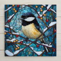 Stained glass style chickadee ceramic tile with a black-capped chickadee on a winter branch with red berries against a deep cobalt and midnight teal sky, crisp black and white markings with warm amber light, a vivid bird lover and backyard bird decor gift.