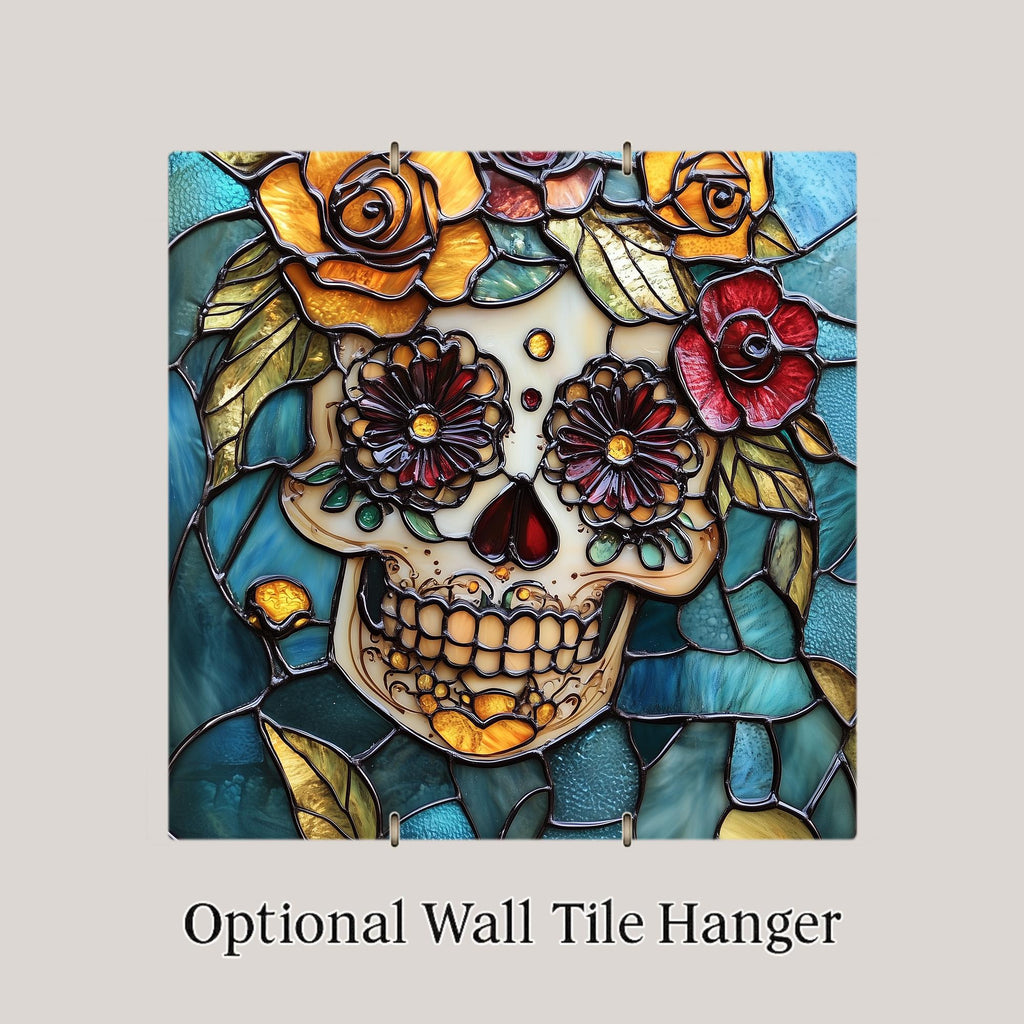 Sugar Skull Wall Art Ceramic Tile Stained Glass Style Dia de los Muertos Decor Vintage Rose Day of the Dead Skull Art