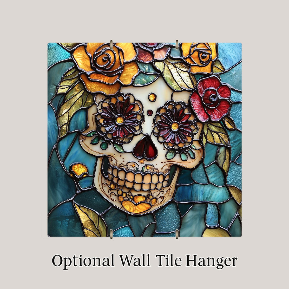 Sugar Skull Wall Art Ceramic Tile Stained Glass Style Dia de los Muertos Decor Vintage Rose Day of the Dead Skull Art