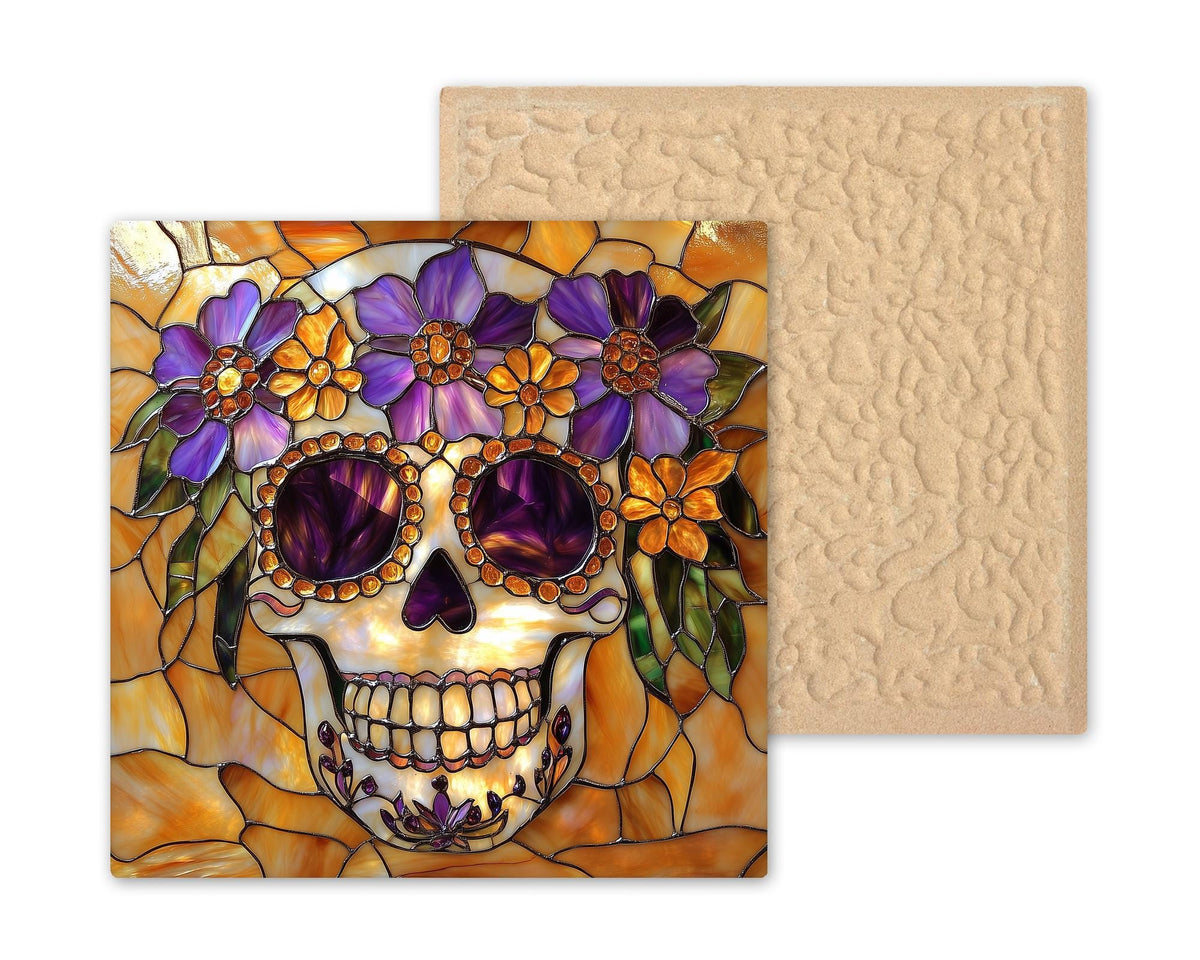 Sugar Skull Wall Art Ceramic Tile Stained Glass Style Dia de los Muertos Decor Purple Amber Day of the Dead Skull Art