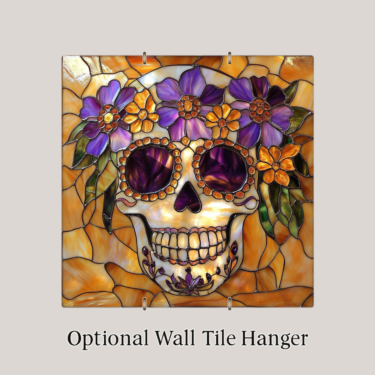 Sugar Skull Wall Art Ceramic Tile Stained Glass Style Dia de los Muertos Decor Purple Amber Day of the Dead Skull Art