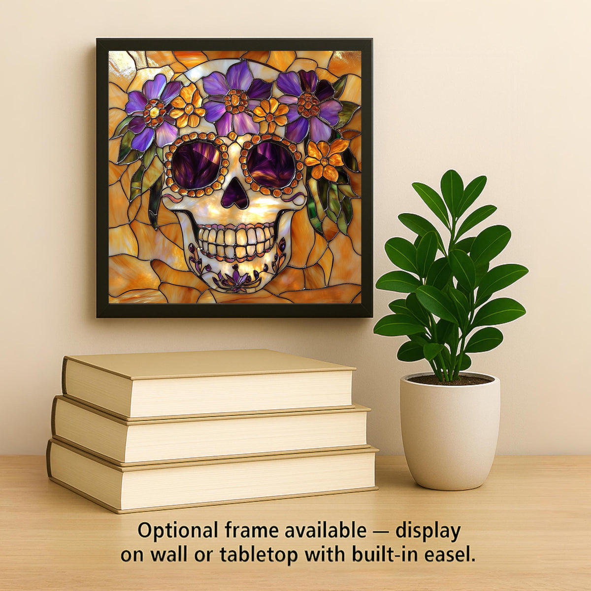 Sugar Skull Wall Art Ceramic Tile Stained Glass Style Dia de los Muertos Decor Purple Amber Day of the Dead Skull Art