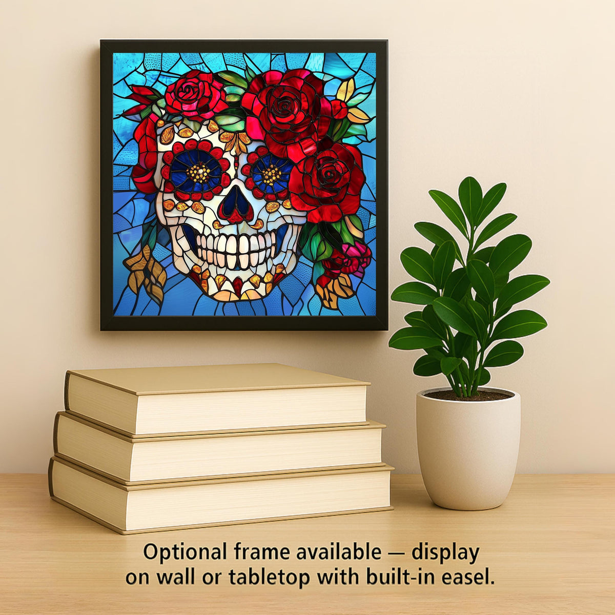 Sugar Skull Wall Art Ceramic Tile Stained Glass Style Dia de los Muertos Decor Red Rose Day of the Dead Skull Decor
