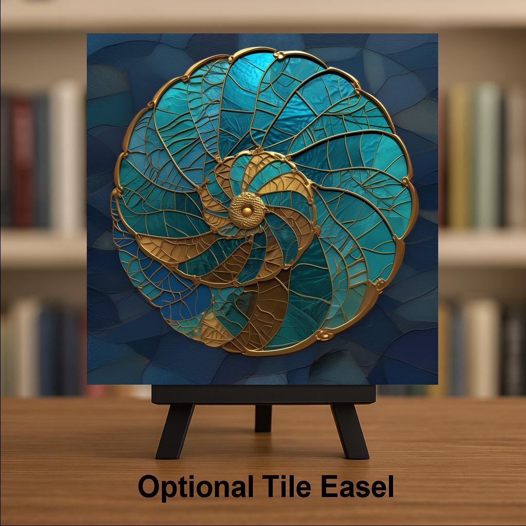 Nautilus Shell Wall Art Ceramic Tile Sacred Geometry Gift Teal Gold Ocean Decor Coastal Art Nature Lover Tile