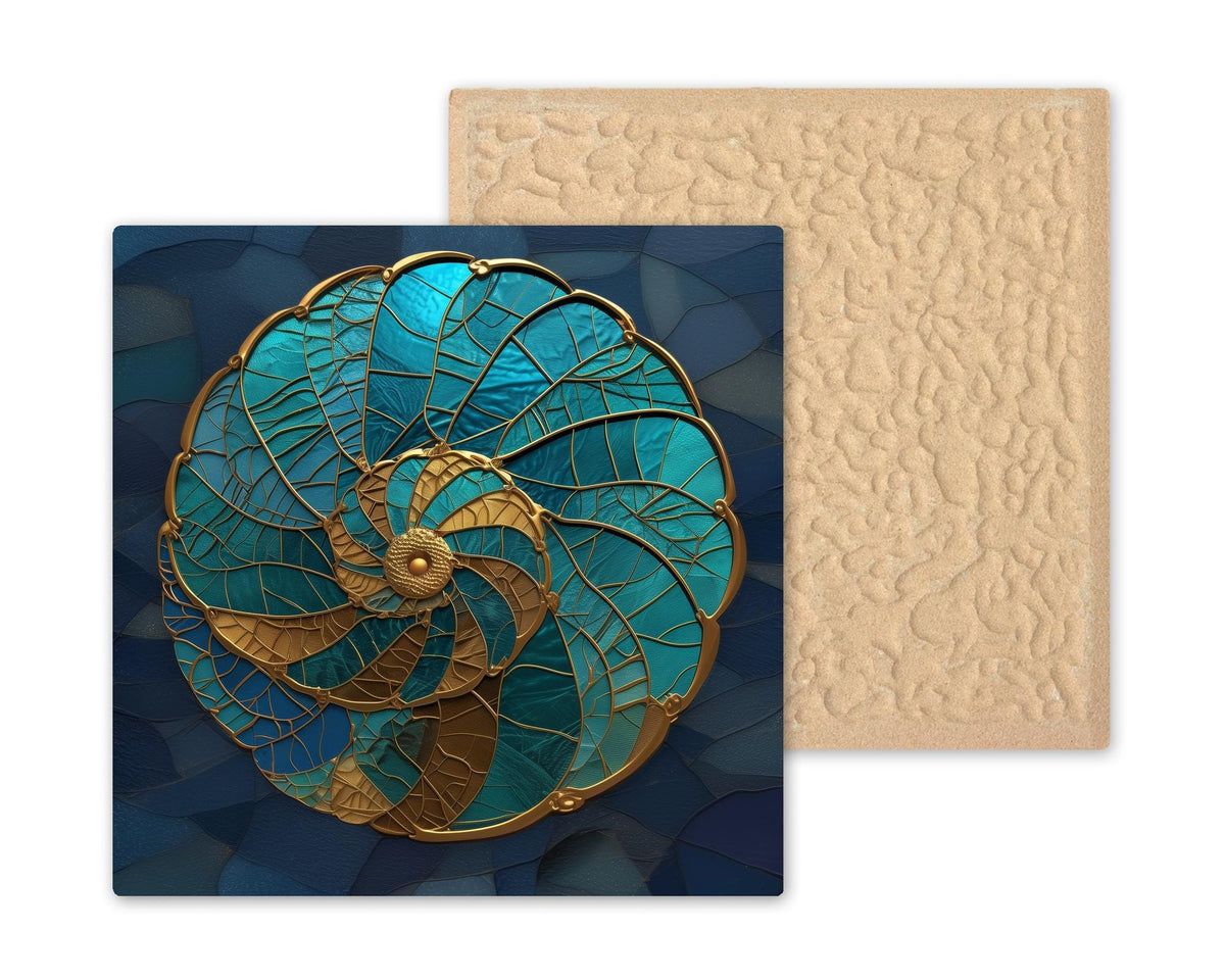 Nautilus Shell Wall Art Ceramic Tile Sacred Geometry Gift Teal Gold Ocean Decor Coastal Art Nature Lover Tile