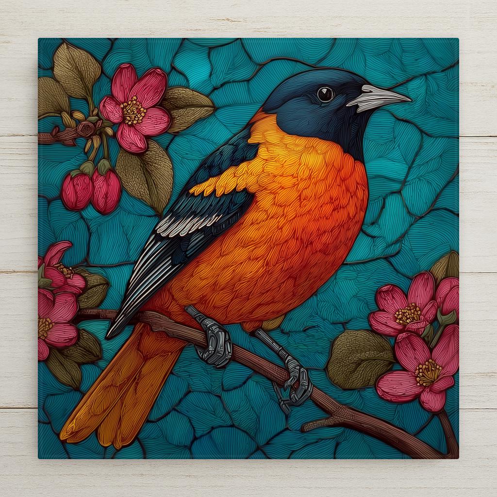 Stained glass style ceramic tile of a male Baltimore oriole perched on a flowering crabapple branch, vivid orange and black plumage with gold leading lines, spring pink blossoms framing the bird against a warm blue sky background.