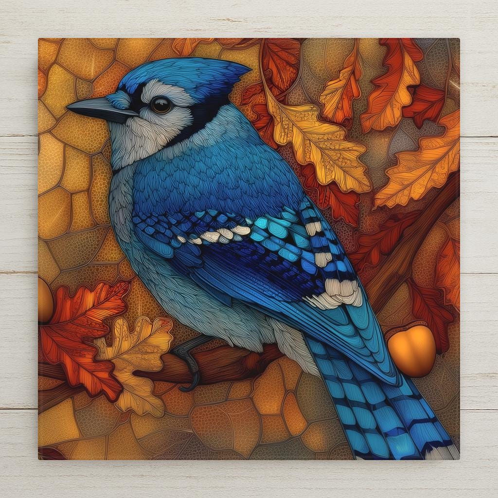 Stained glass style ceramic tile of a blue jay perched on an oak branch with an acorn, vivid cobalt and sky blue plumage with black necklace markings, the geometric leading lines picking out every barred feather detail against an autumn gold sky.